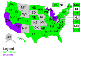 アメリカ合衆国で自動運転合法の地域を緑色で表した図 2016年時点
