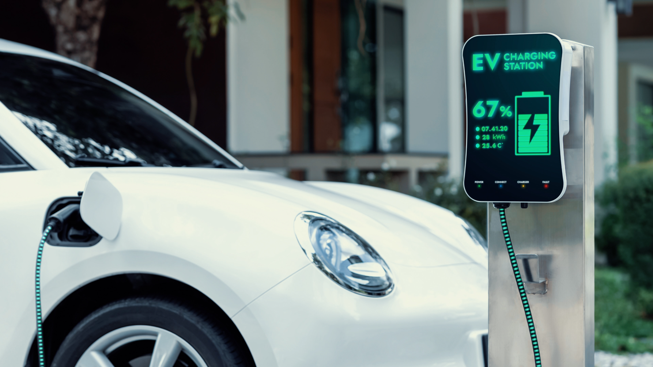未来の革新的なEV車とエネルギーの持続可能性スマートで未来的な家庭用エネルギー